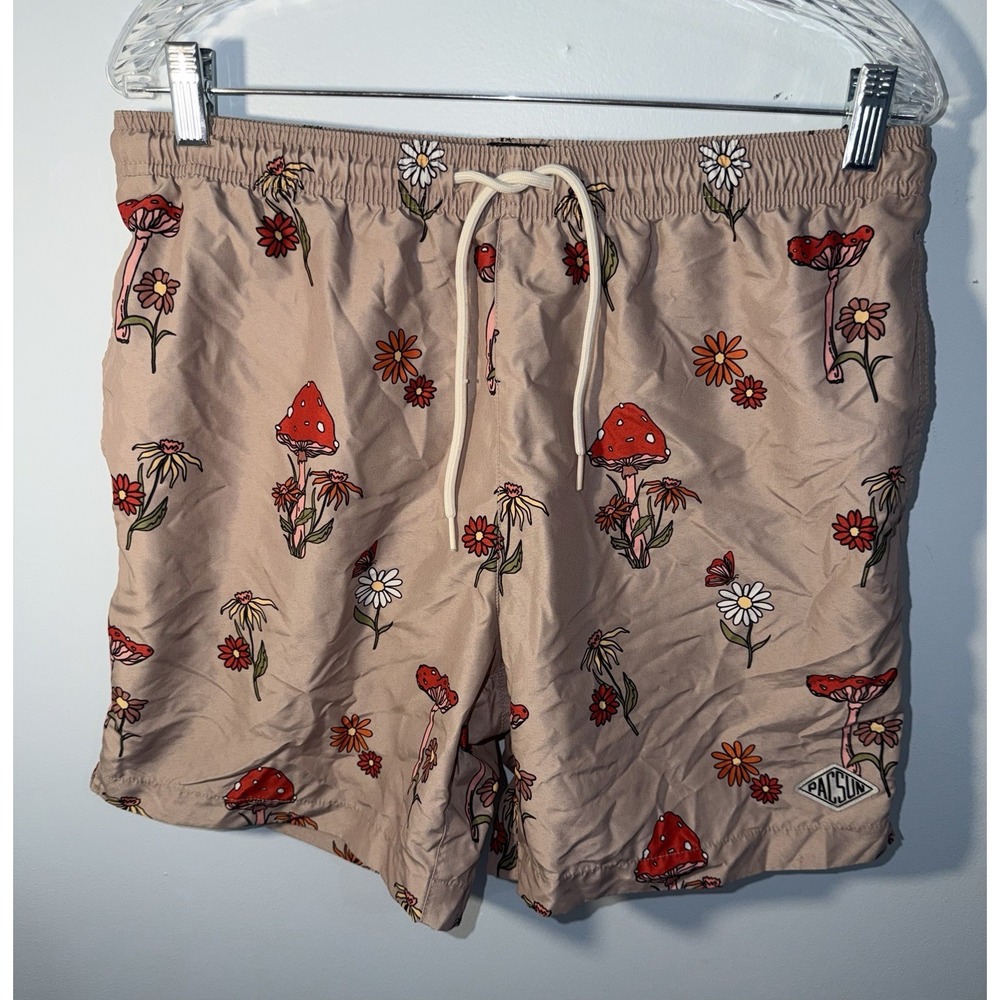 PACSUN Men's Swim Trunks Shorts Mushroom Floral Board Brown Summer Beach Size L